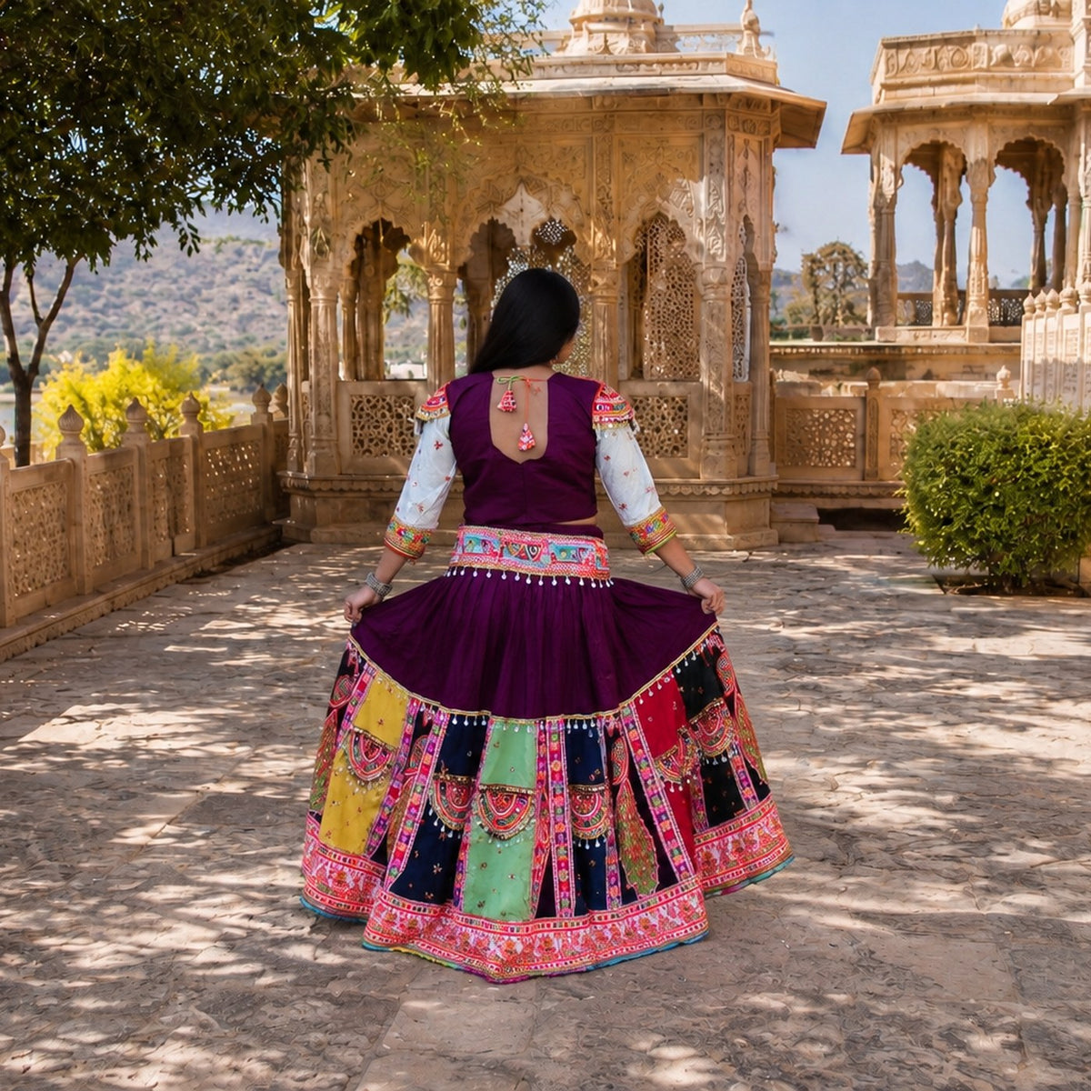 Mirror-Work Chaniya Choli — Aubergine & Multicolour
