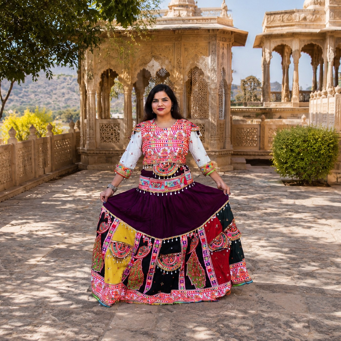Mirror-Work Chaniya Choli — Aubergine & Multicolour