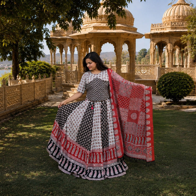 Paisley-Print Chaniya Choli & Dupatta — Brick Red & Ivory