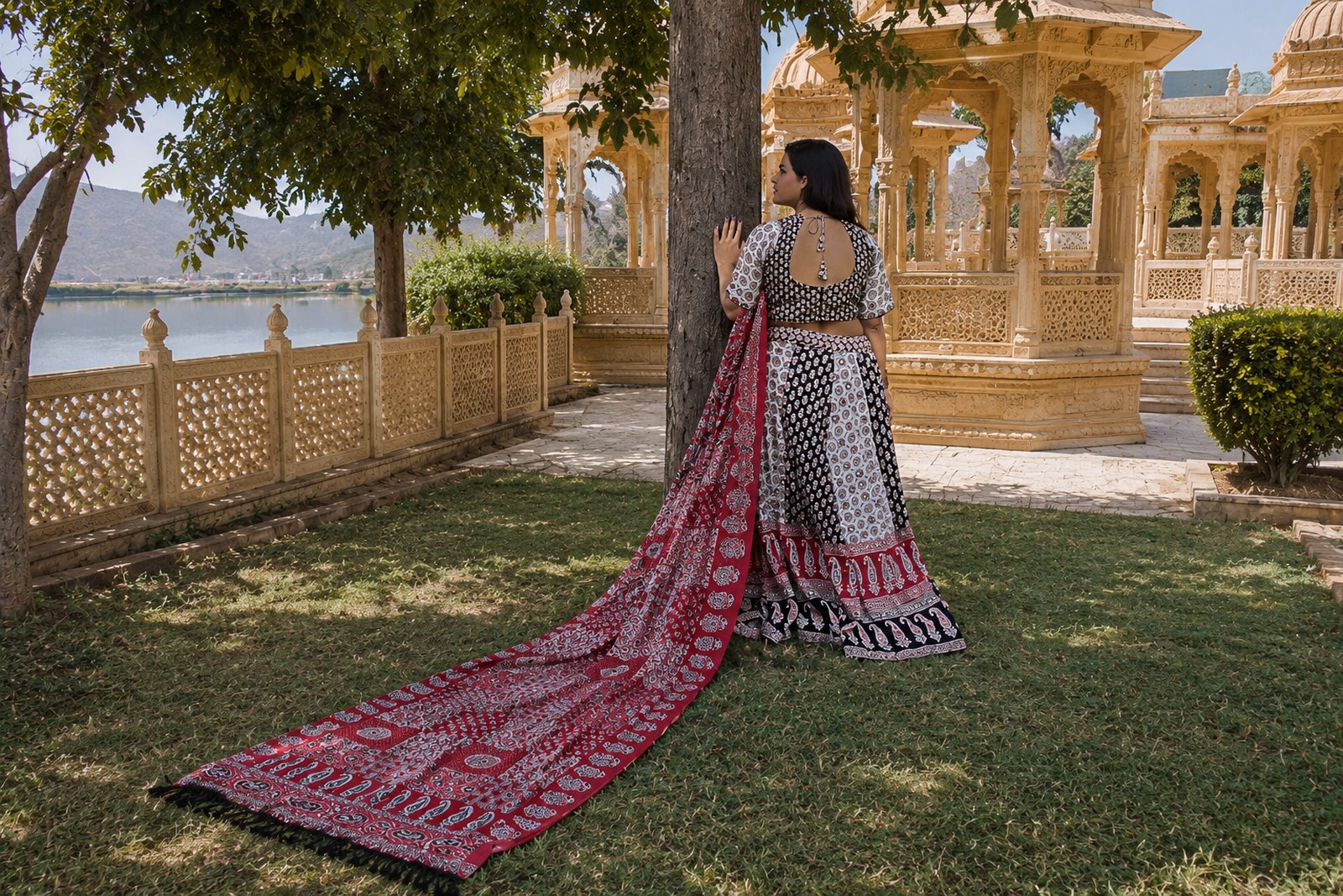 Paisley-Print Chaniya Choli & Dupatta — Brick Red & Ivory