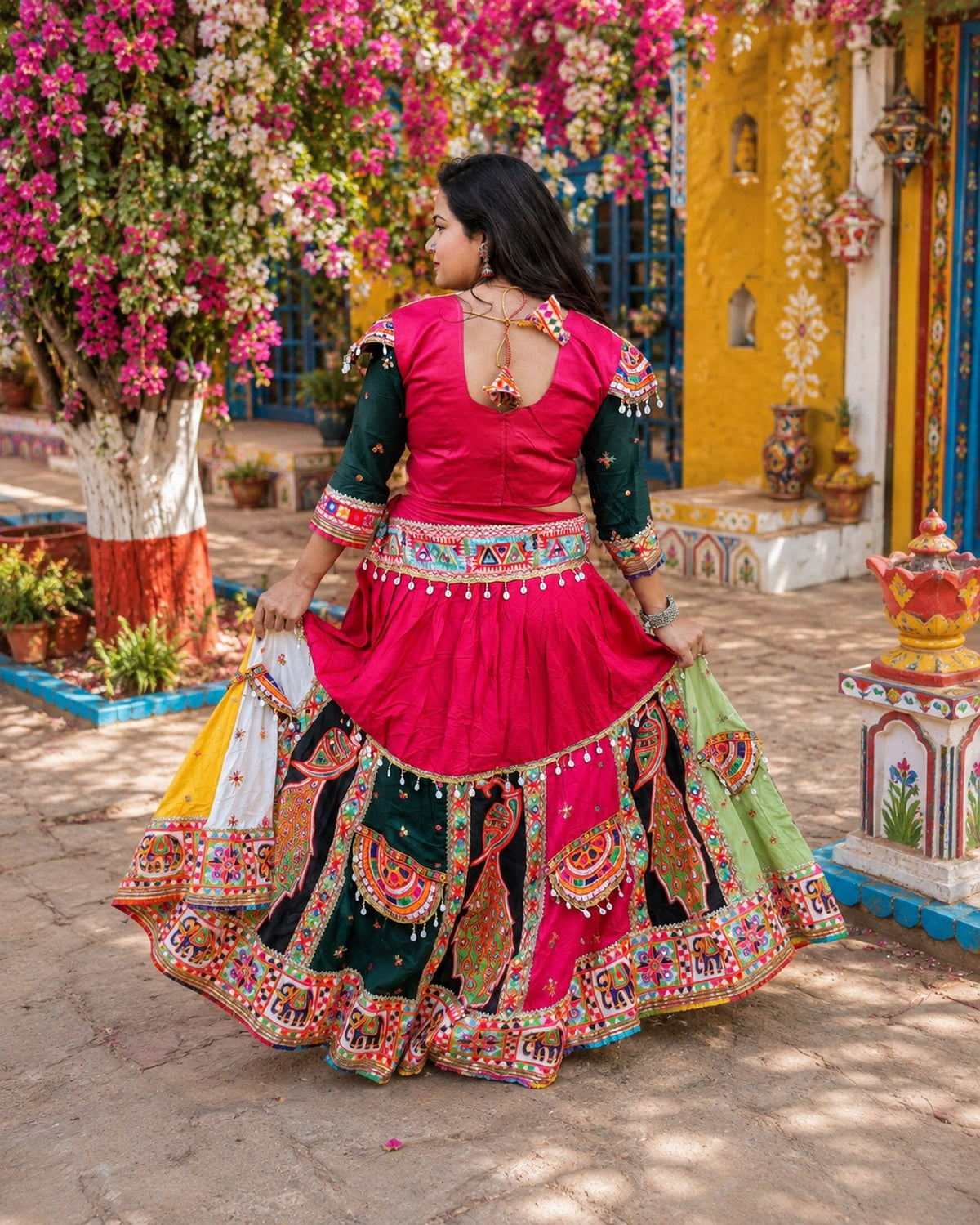 Mirror-Work Chaniya Choli — Cerise & Bottle Green
