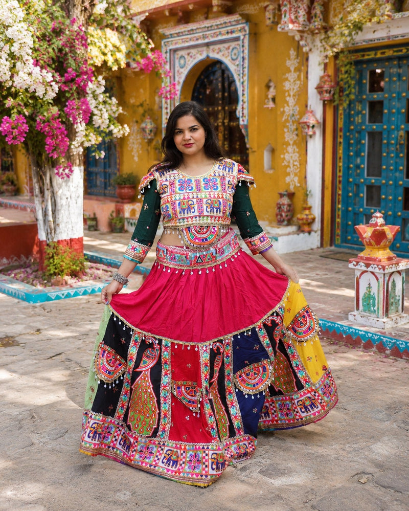 Mirror-Work Chaniya Choli — Cerise & Bottle Green
