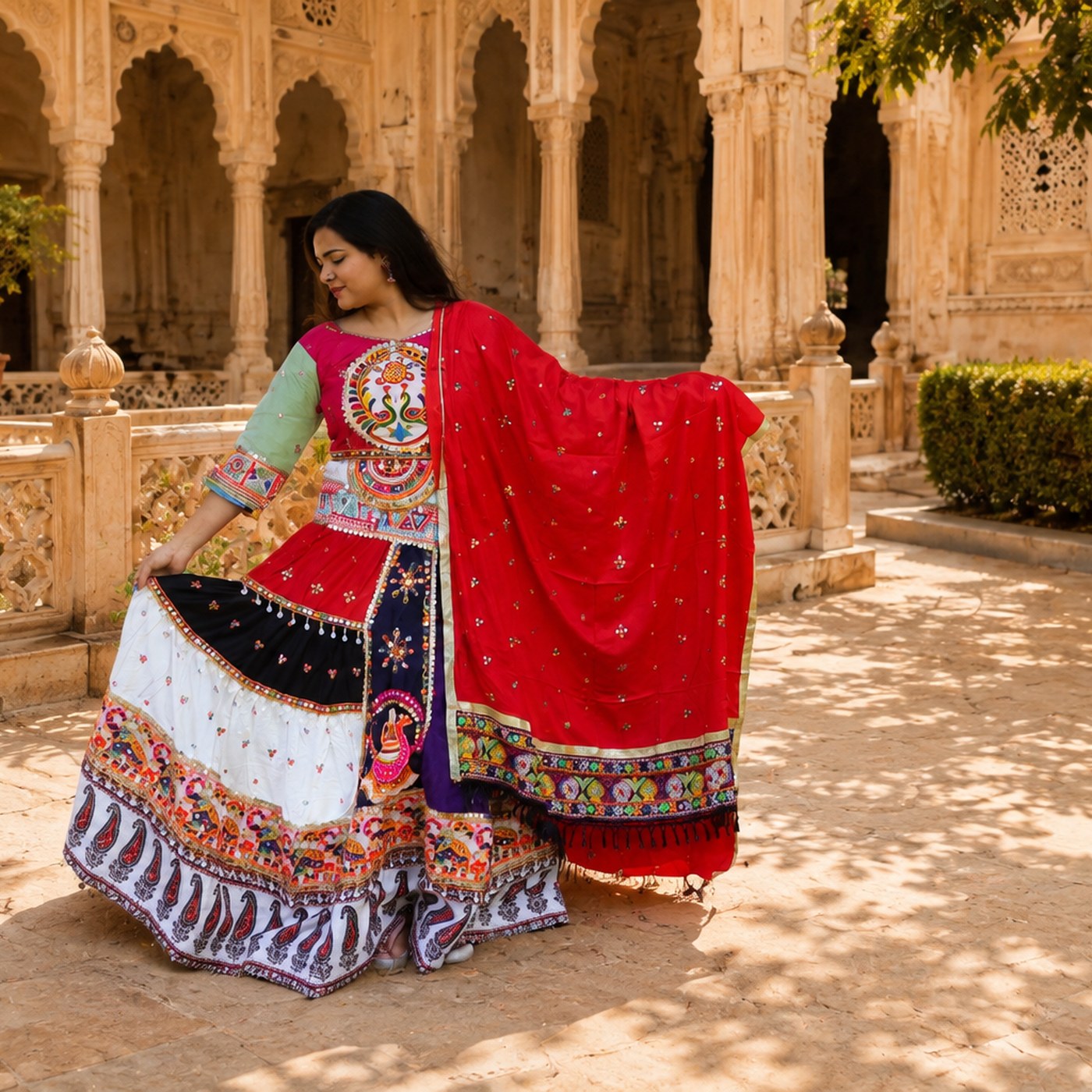 Mirror-Work Chaniya Choli — Crimson & Ivory