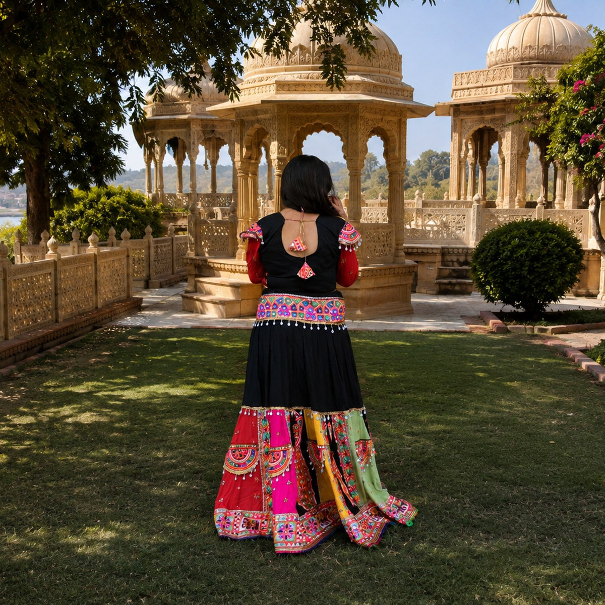 Mirror-Work Chaniya Choli — Scarlet & Black