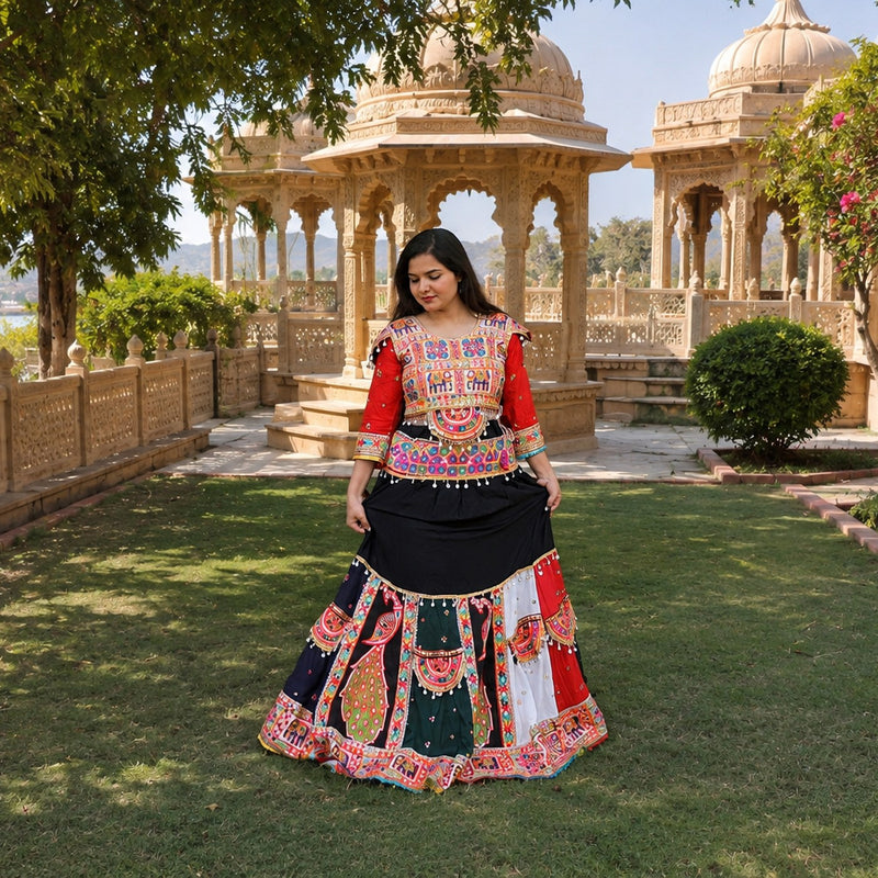Mirror-Work Chaniya Choli — Scarlet & Black
